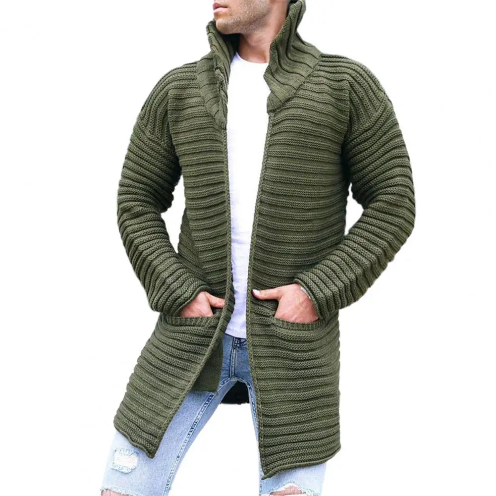 

Pockets Long Sleeve Men Cardigan Sweater Autumn Winter 2021 Lapel Solid Color Ribbed Knitwear Coat Outerwear
