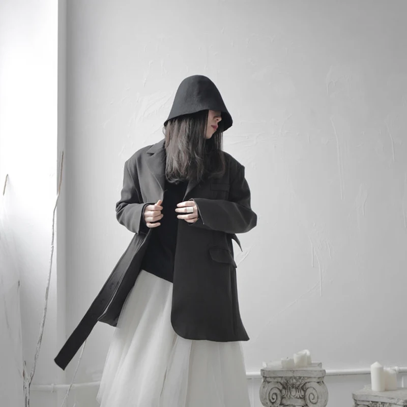 

[EAM] Women Black Brief Bandage Big Size Blazer New Lapel Long Sleeve Loose Fit Jacket Fashion Spring Autumn 2021 1S672