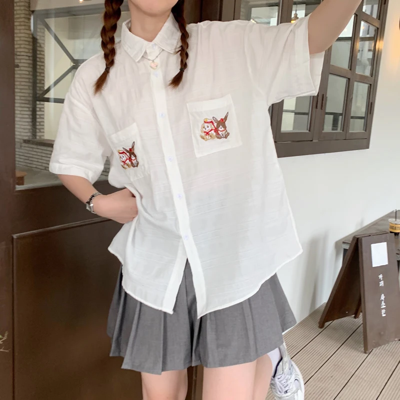 

Cotton Loose Women's Shirts New Fashion Blouse Casual Short Sleeve Blusas Embroidery Polo-collar Shirt Summer Houthion