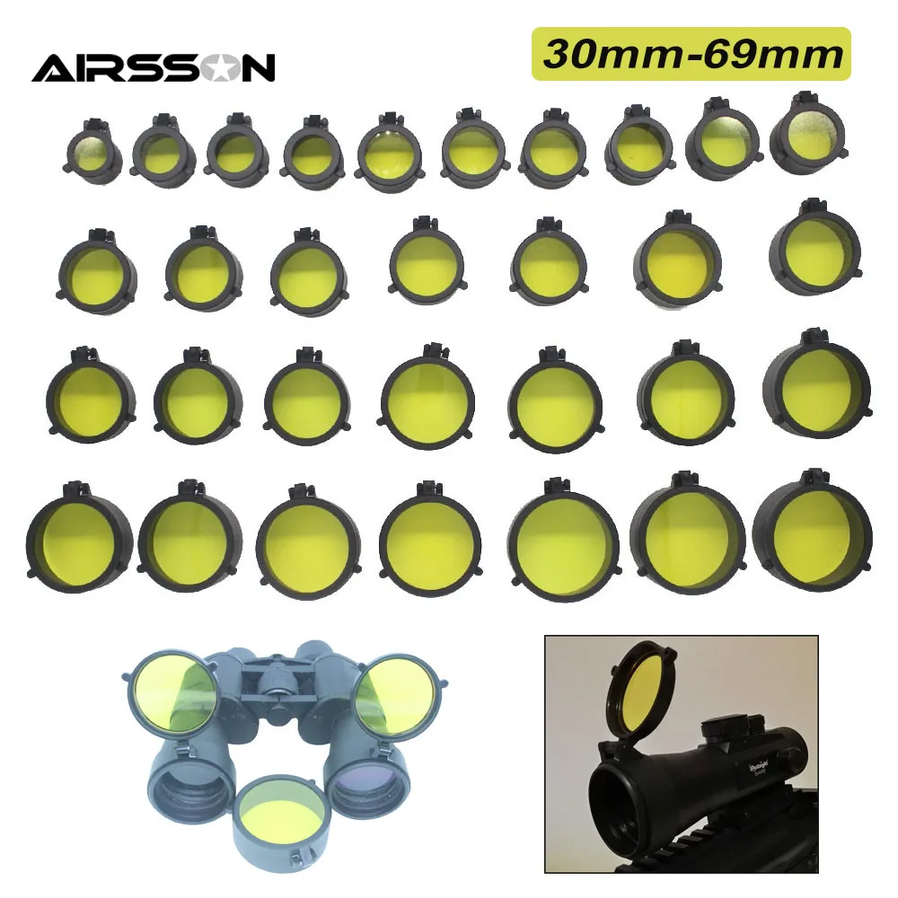 

30-69mm Transparent Rifle Scope Lens Cover Yellow Sight Flip Up Quick Spring Protection Cap Objective Lense Lid Hunting Caliber