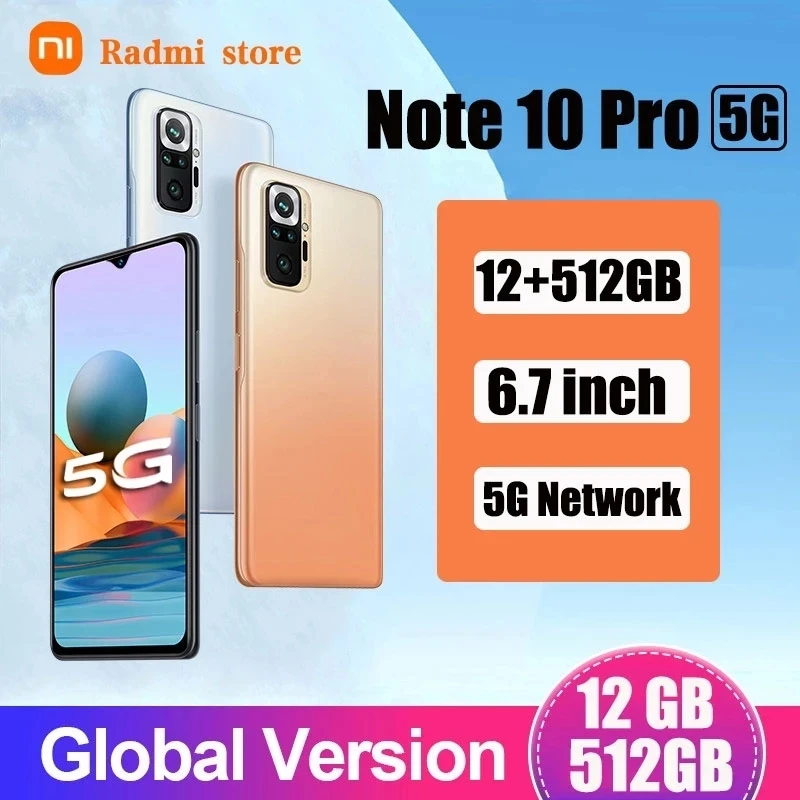 

Global Version Radmi Note10 Pro 6.7Inch HD Screen Smartphone 6000mAh 12+512GB Cell Phone Support 4/5G Android 10 Network Celular