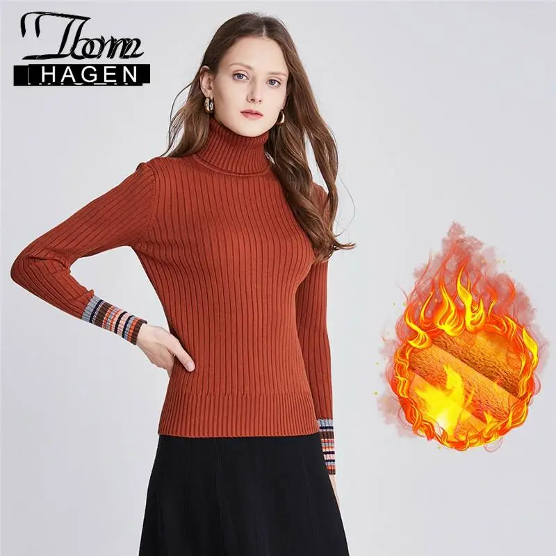 Winter Women's Sweater Korean Knitted High Neck Striped Warm Long Sleeve Black Pullover Turtleneck Velvet Thicken Jumper | Женская