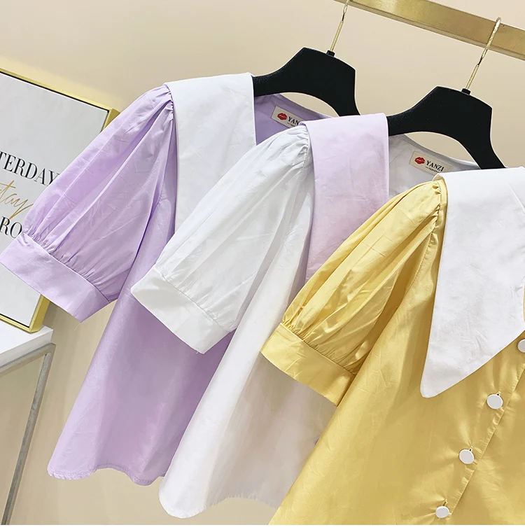 

Fashion Blouse for Women 2020 Summer New Contrast Color Big Doll Collar Shirt Girls Ladies All-match Shirts Blusas Femme Tops