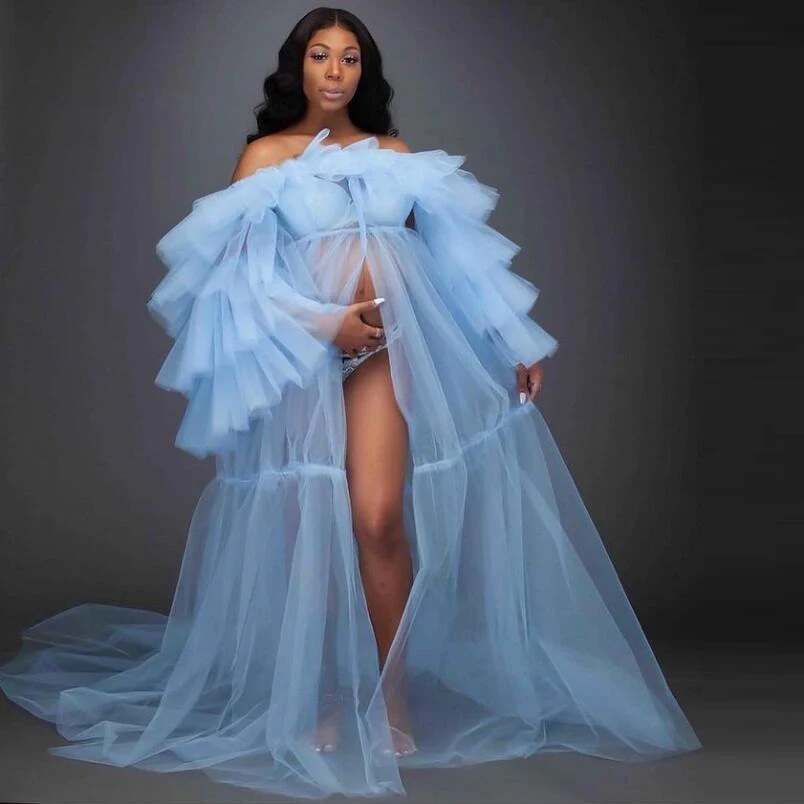 

Pale Blue Evening Dress For Photoshoot Long Maternity abiye Tulle Evening Dresses Tiered Ruffle Sleeve Woman Robe Gowns See Thru