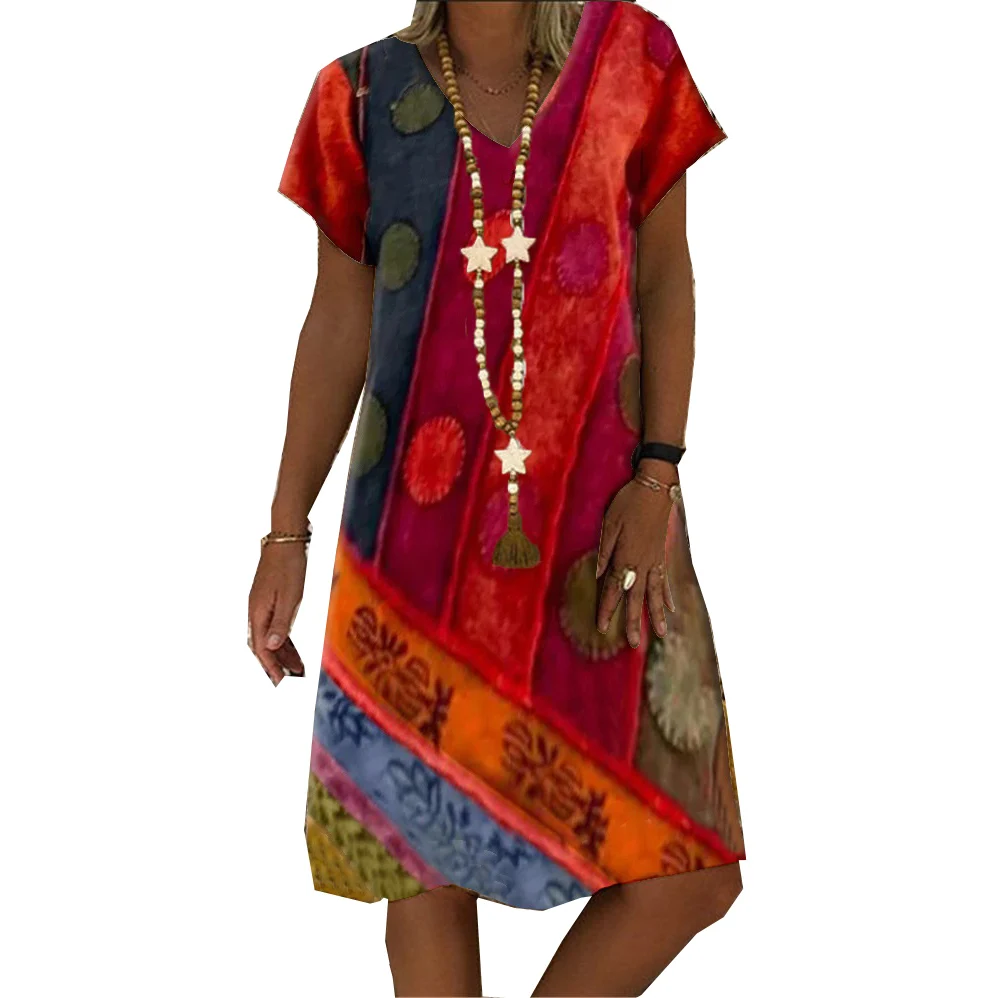 

Women's Fashion Loose Casual Floral print V neck short sleeves Vintage Printed summer dress Plus Size