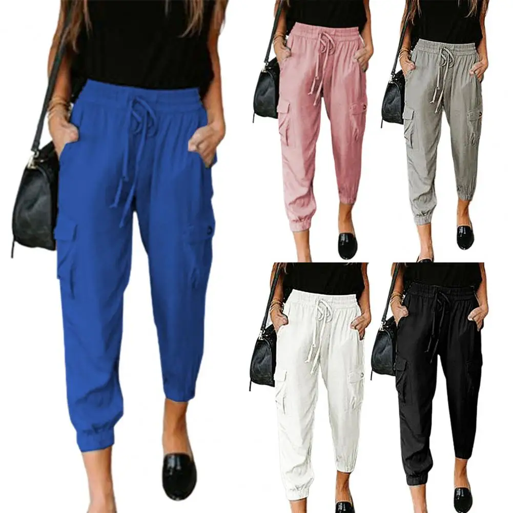 

Solid Color Soft Drawstring Multi-pockets Sport Pants for Daily Wear
