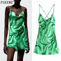 pseewe za dress woman green print short summer dresses 2021 backless sexy slip mini beach dress women casual club night dresses