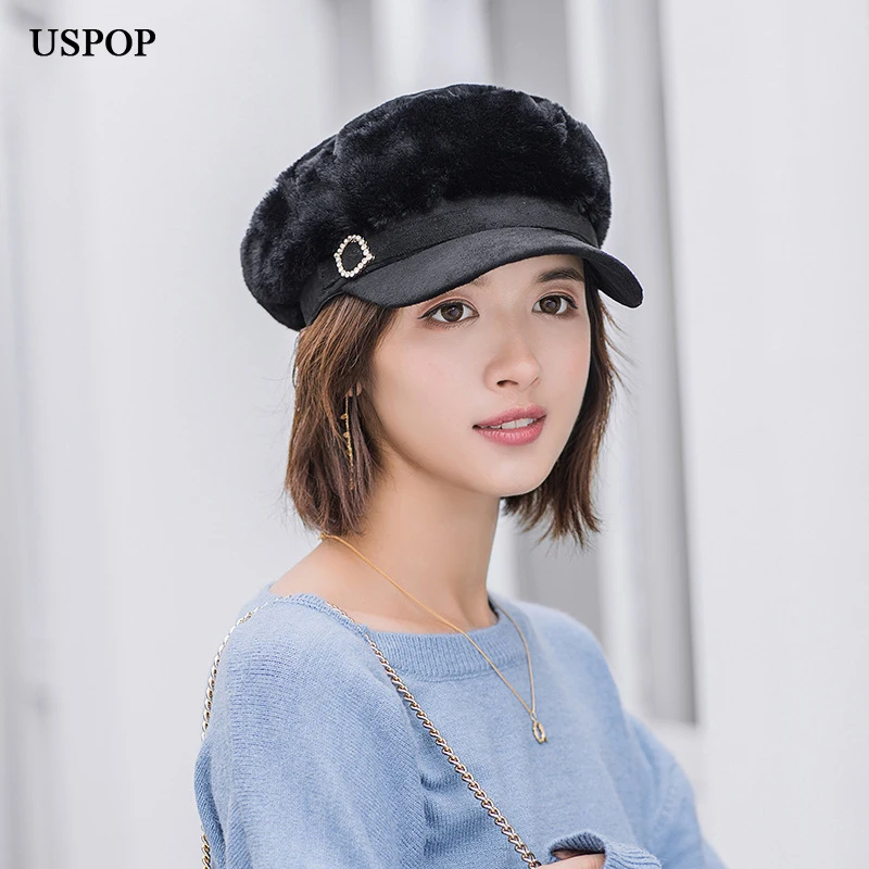 USPOP 2019 Women newsboy caps thick warm winter diamond buckle military patchwork velvet flat top visor |