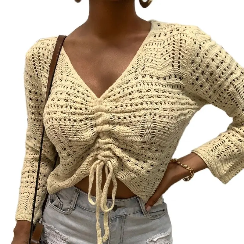

Casual Long Sleeve Knitted Sweater Jumper Autumn Spring Deep V Neck Drawstring Lady Sweater Women Hollow Out Crop Tops Pullover