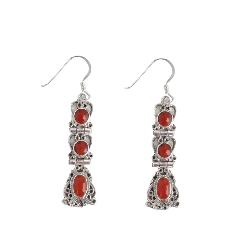 

Indian Nepal Handmade 925 Silver Accessories Gemstone Earrings Women's Long Personalized Tibetan Earrings Retro Ethnic Style