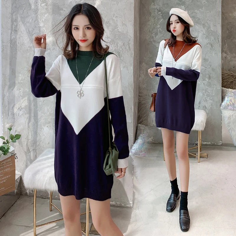 5151 # осенние Лоскутные вязаные свитера для кормящих матерей платье рубашка