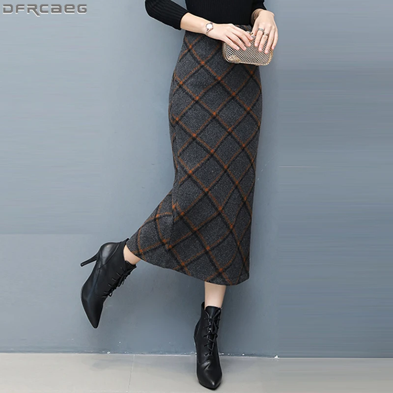 

Fashion 2021 Winter Wool Skirts Womens Bodycon High Waist Saia Longa Vintage Striped Plaid Pencil Skirt Streetwear Jupe Femme