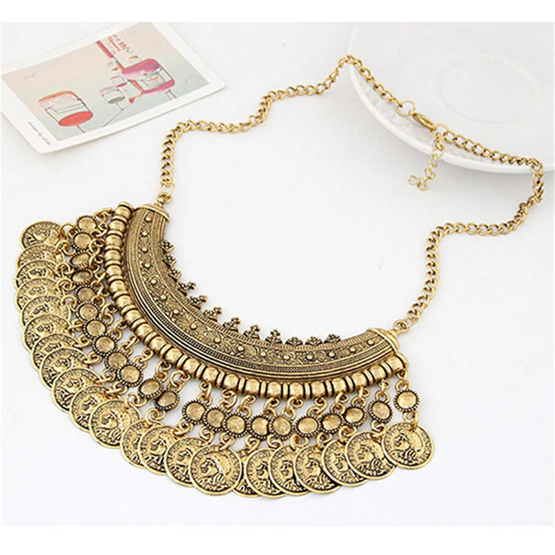 Bohemian Gypsy Coin Pendant Tribal Charms Statement Tassel Necklace Ethnic Carved Coins Nice Chokers Necklaces Indian for Women | Украшения