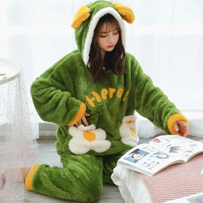 Coral Velvet Pajamas Women's Autumn and Winter Thickened Flannel Cute Cartoon Student Hooded Tracksuit Suit Sika Deer | Женская