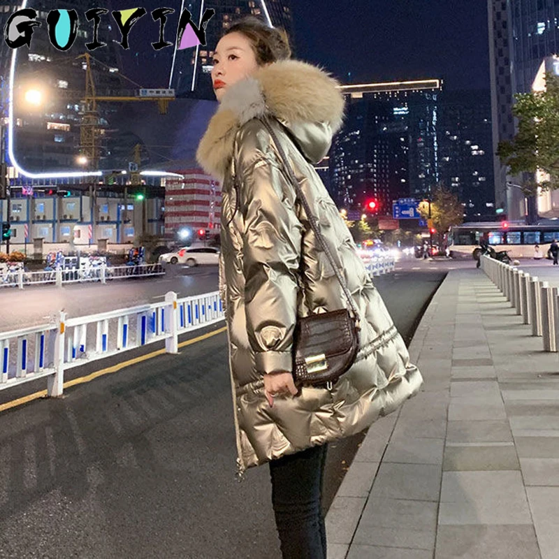 

Long Hooded Golden Shiny Winter Jacket Women High Quality Loose Waterproof Coats And Jackets Women Fashion Warm Jacket For Women