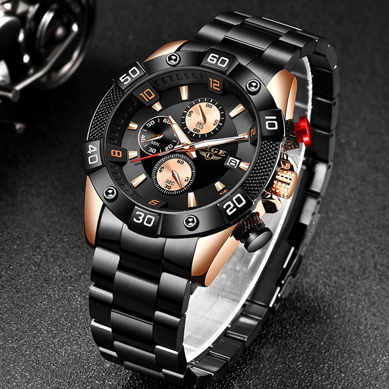LIGE Mens Watches Stainless Steel Waterproof Wrish Watch Multi Function Gold Luxury Sport Montre Homme Luxe +Bo | Наручные часы