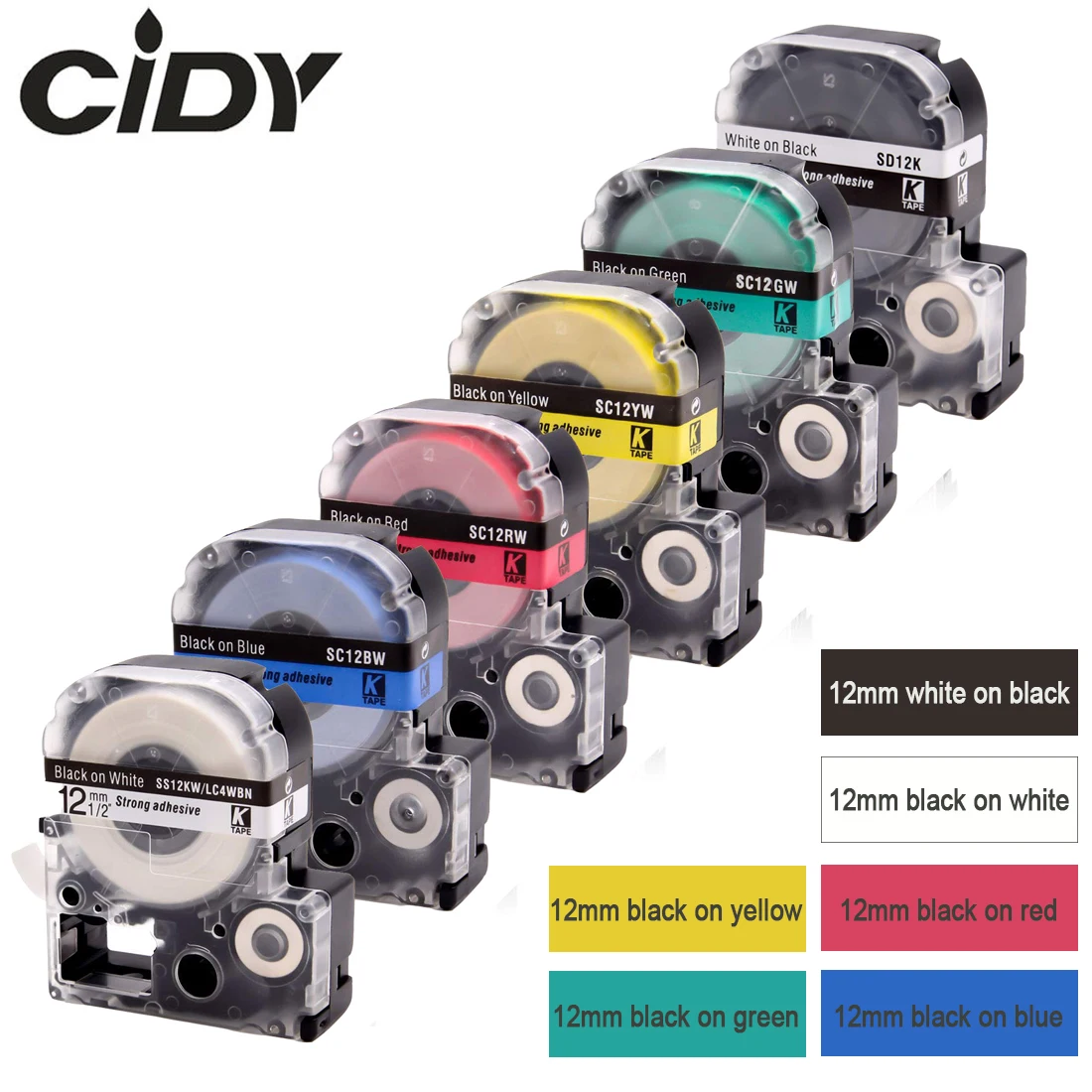 CIDY 6 шт. SD12KW SS12KW SC12GW SC12YW SC12BW SC12RW 12 мм черно белая лента для маркеров kingjim/epson LW300 LW400