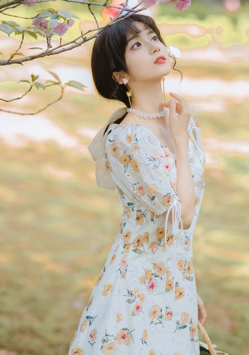 

Summer Print Flower Romantic Midi Dress For Slim Lady Outfit Vintage Puff Sleeve Draw String Elegant Women Dresses Vestido Mujer