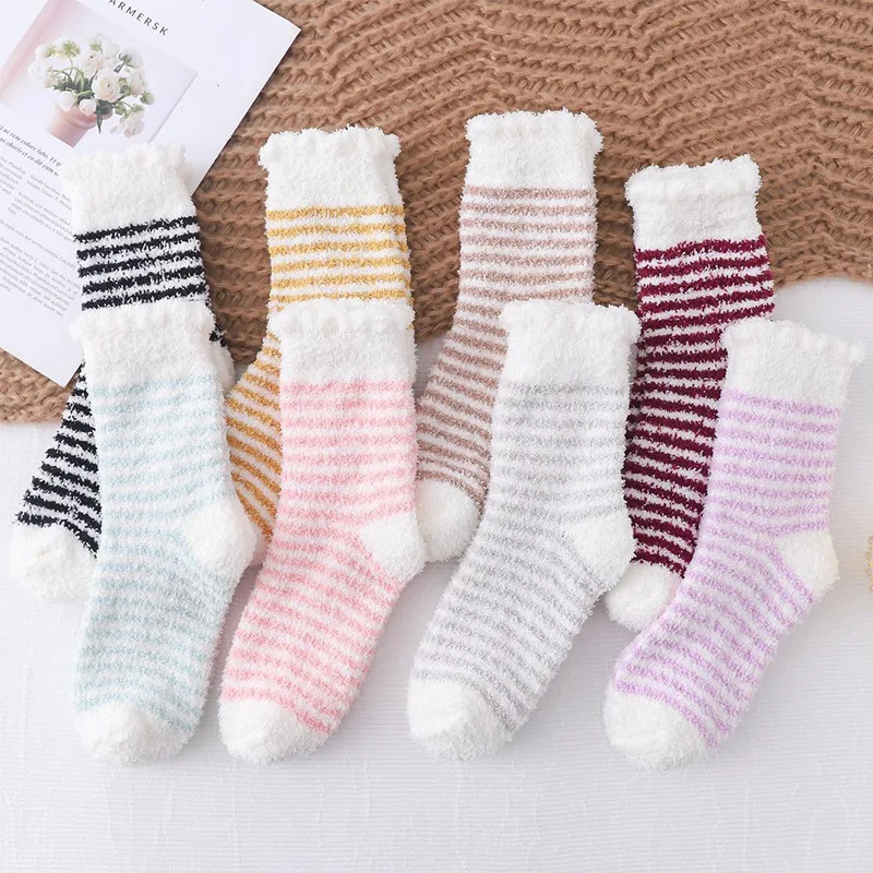 

Coral Fleece Socks Female Korea Winter Thickening Warm Bubble Mouth Striped Tube Socks Home Floor Socks Sleep Slipper Socks