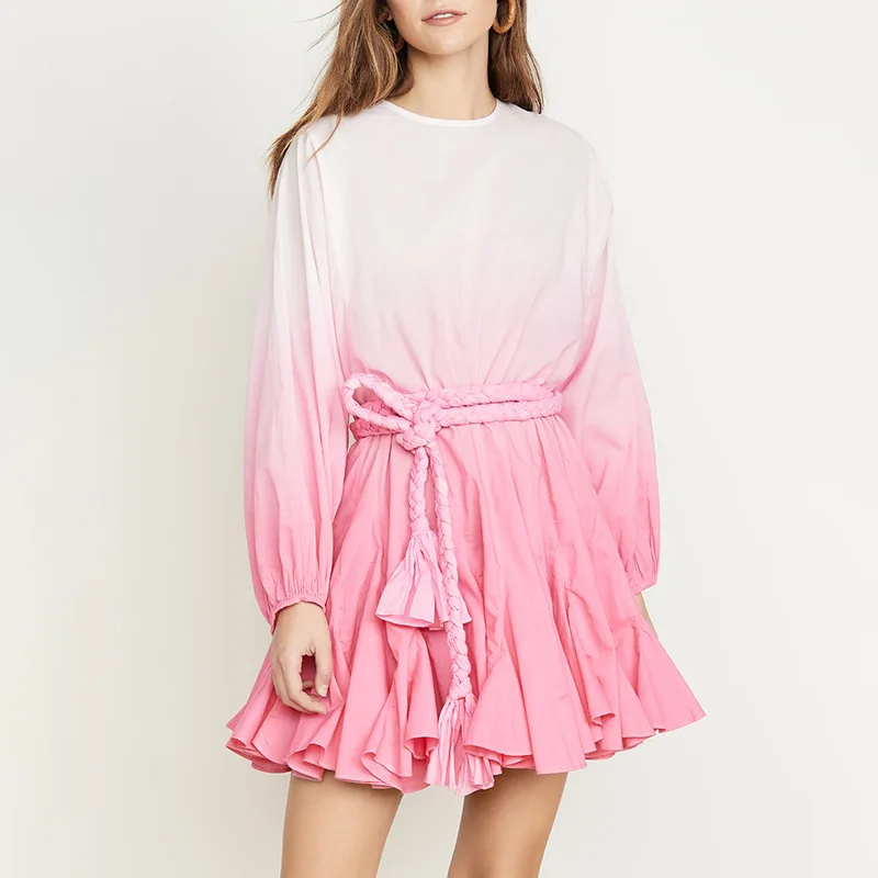 

Cotton Tie-dye O-neck Women Pleated Above Knee Dresses With Sashes Lantern Long Sleeve Lady Party Dress Pink Blue Free Shipping