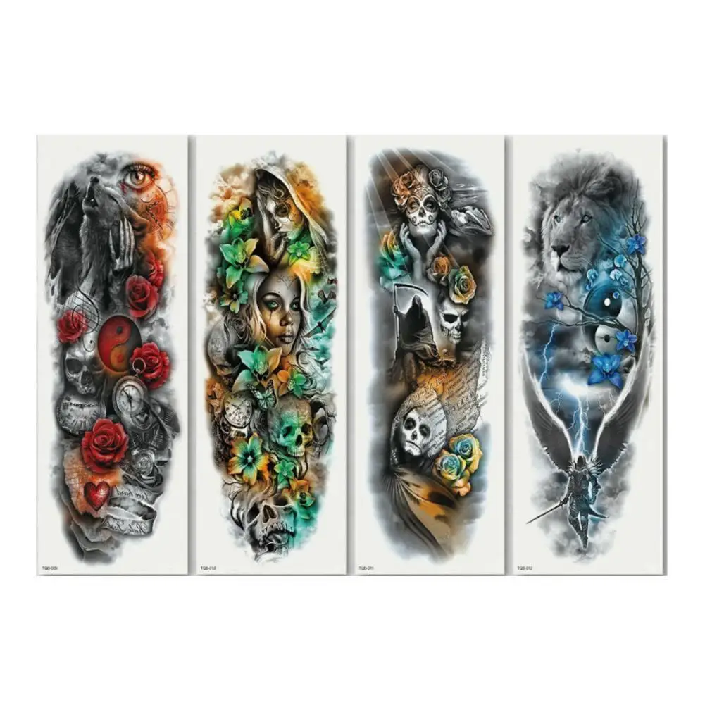 Полностью Цветочные наклейки тату на руку поддельные татуировки рукав Череп