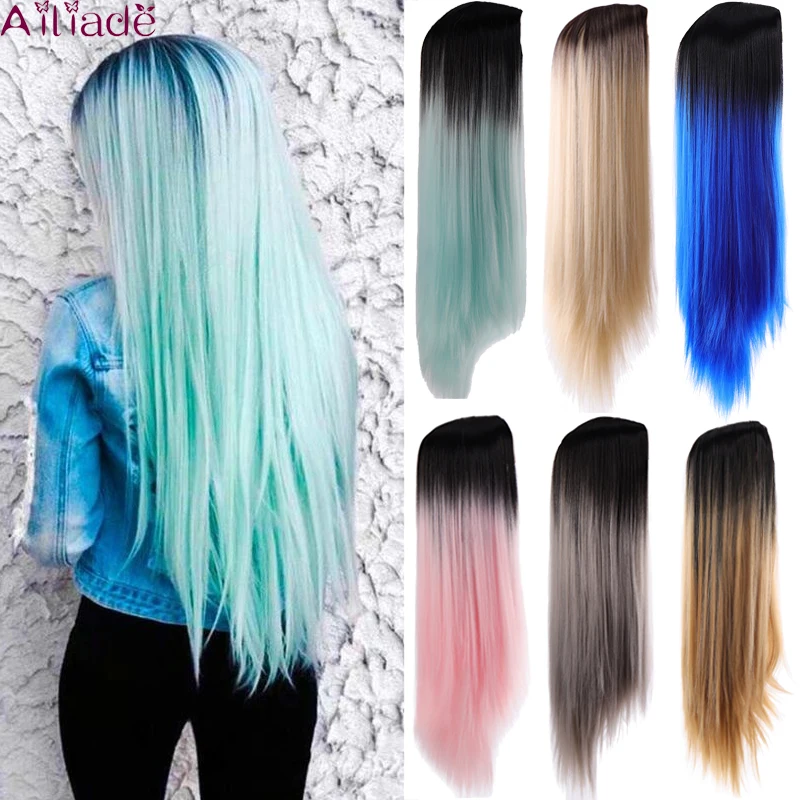 Парики женские мятно-зеленого цвета AILIADE прямые термостойкие с эффектом деграде