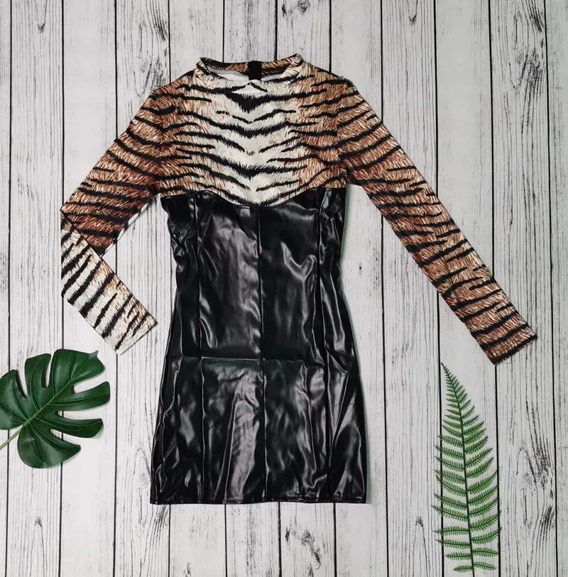 

PU Leather Leopard Zebra Print Sheath Mini Dress Women Turtleneck Long Sleeve Bandage Dresses Vintage Invisible Zipper Vestidos