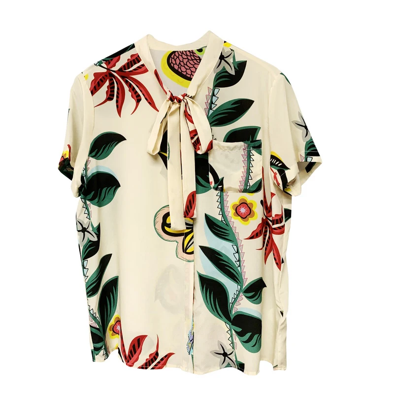 

New 100% silk Blouses & Shirts painting with a silver spoon in her mouth feels dye wood atmosphere ribbon printed 32726