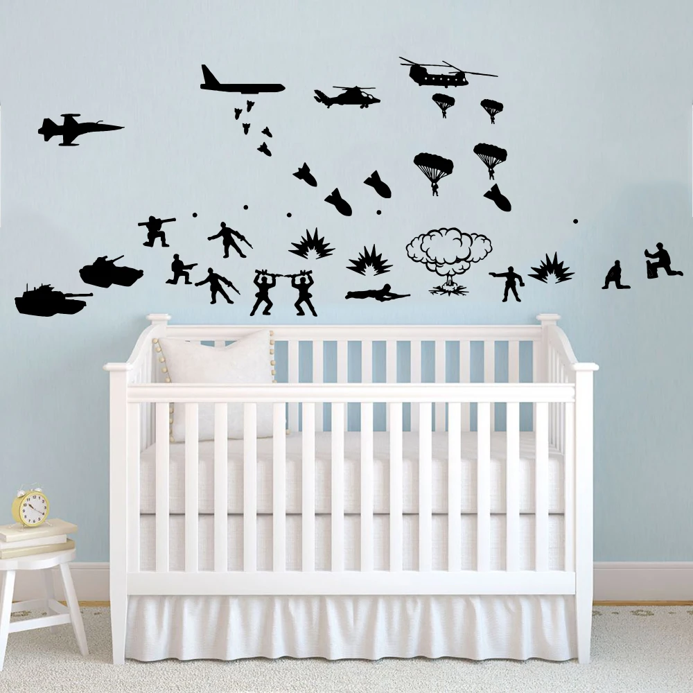 

Cartoon Army Troops Helicopte Tanks Solider Wall Sticker Kids Room Baby Nursery Biplane Solider Militar Wall Decal Play Room
