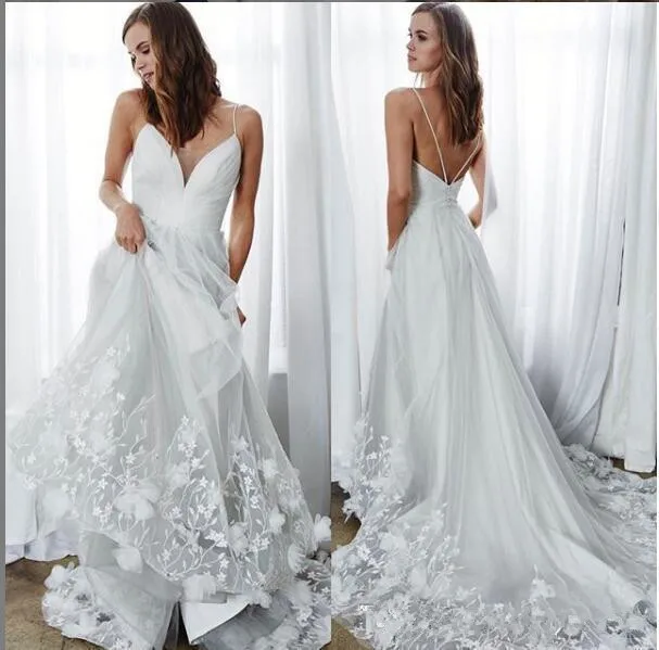 

2021 Sexy Spaghetti Strips A-Line Wedding Dresses Lace Appliques Bridal Gowns Wedding gown sexy Backless Vestidos De Marriage