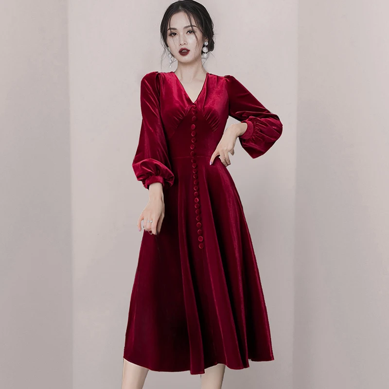 

Осенне-зимнее платье с длинным рукавом-фонариком, на пуговицах, бархатные платья миди с высокой талией, женские платья TA394