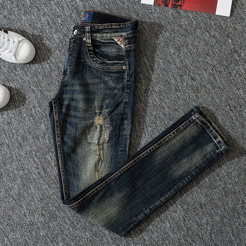 European Vintage Fashion Men Jeans Retro Black Blue Elastic Slim Fit Ripped Jeans Men Embroidery Designer Casual Denim Pants