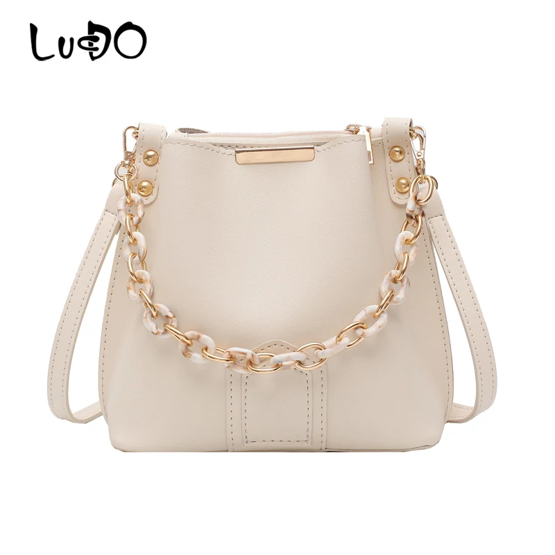 

LUCDO 2020 Luxury Designer Acrylic Chain Ladies Buckets Bag Pu Leather Ladies Purses and Handbag Vintage Crossbody Messenger Bag