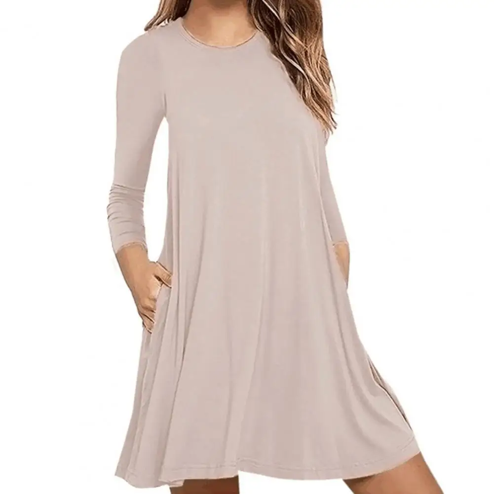 

2021 Beautiful Round Neck Solid Color Mini Dress Skin-friendly Women Long Sleeve Pockets Tunic Dress Streetwear for Daily Wear