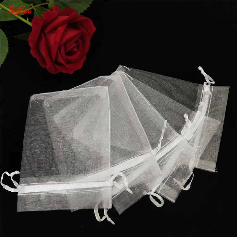 

50/100pcs white Hot Sale Jewelry Packaging bag Organza Bags Gift Bags Pouches dragees Bags gift box Wedding Favors bags 5z