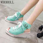 Женские холщовые босоножки на танкетке, босоножки большого размера с открытым носком и вырезами, Новинка лета 2020