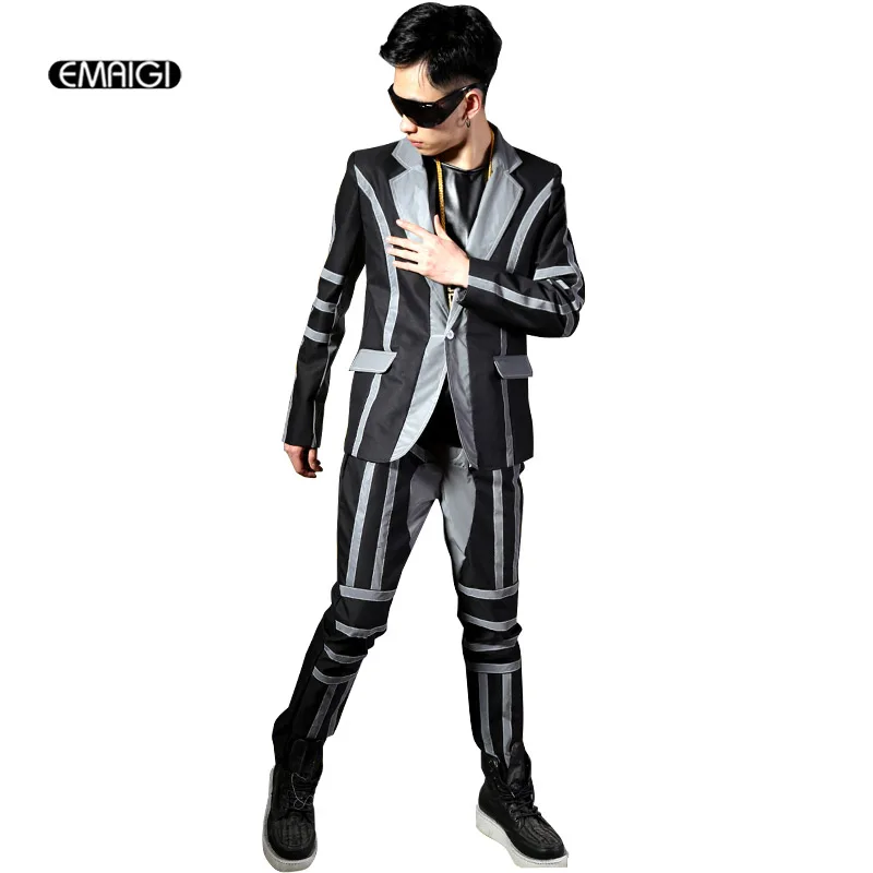 Костюм мужской светоотражающий в полоску куртка и брюки модная сценическая