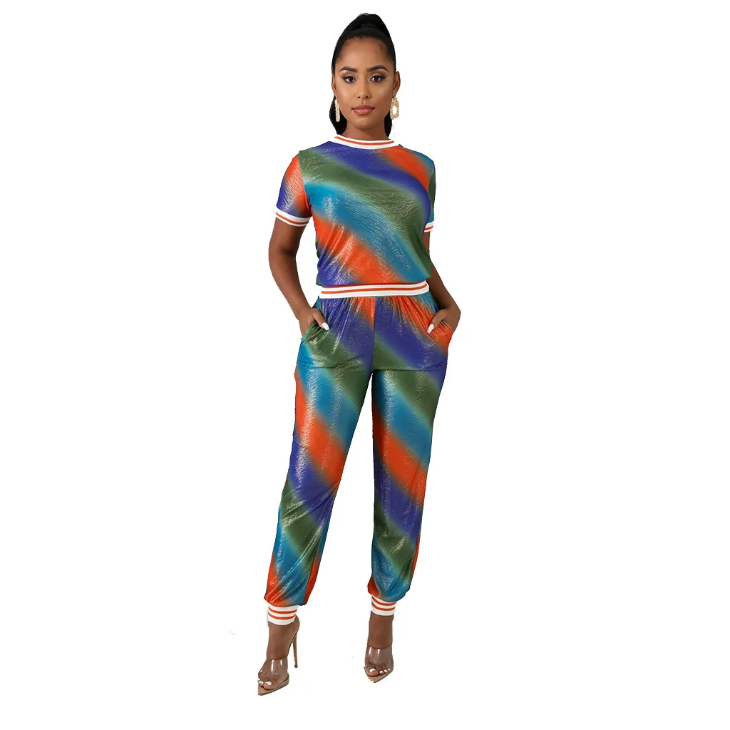 

SSEURAT Summer Two Piece Set Women O Neck Short Sleeve Print Crop Top and Long Pants Set Casual Office Outfits