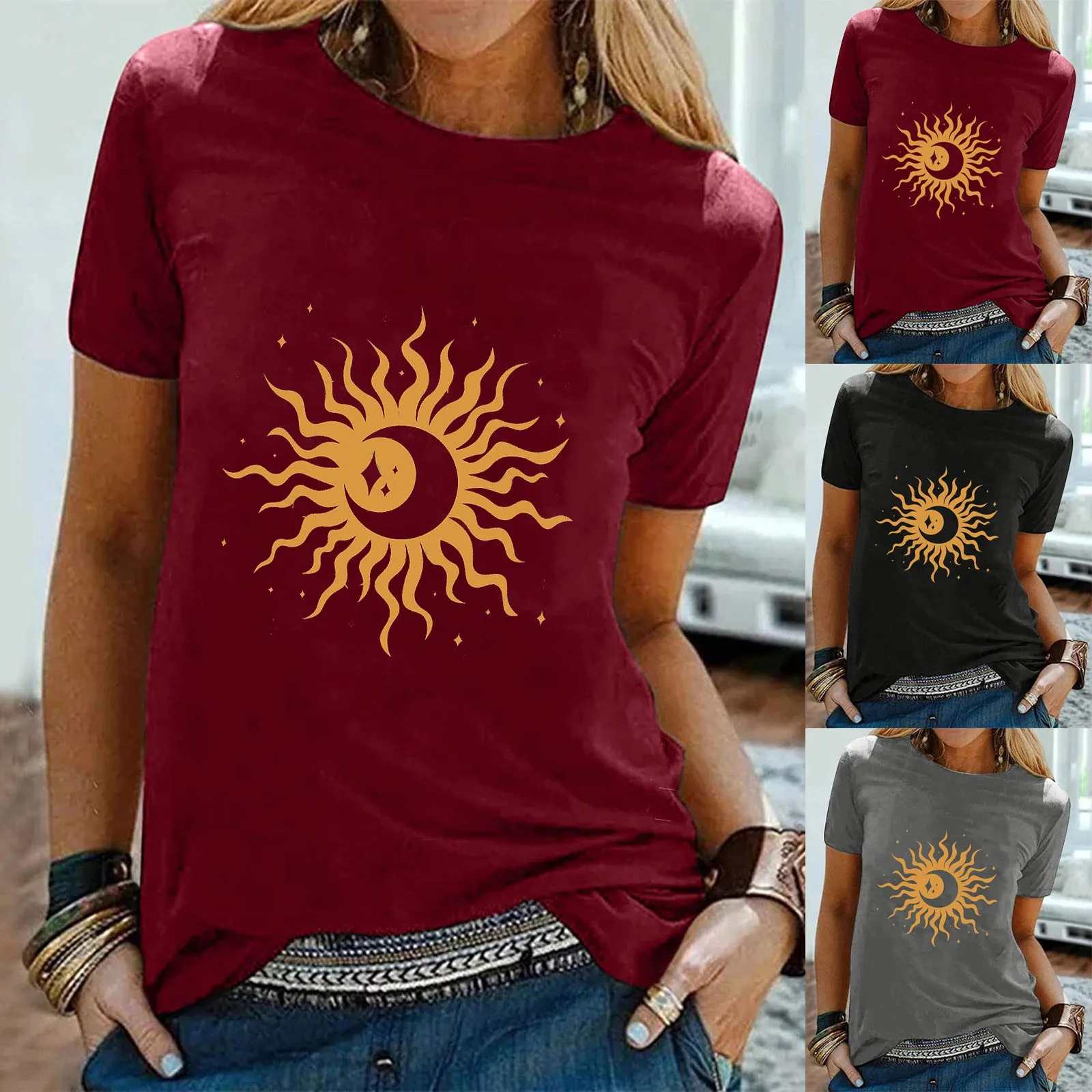 

SAGACE Simple Fashion Women's Sun Moon Element Printed Cotton Comfortable Loose Short Sleeve T-shirt футболка 2021
