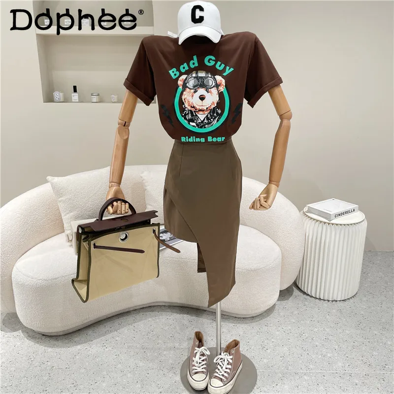 

Summer New Cartoon Printed Short Sleeve Fashion T-shirt Elegant High Waist Irregular Slit Two-Piece Overskirt Suit for Women