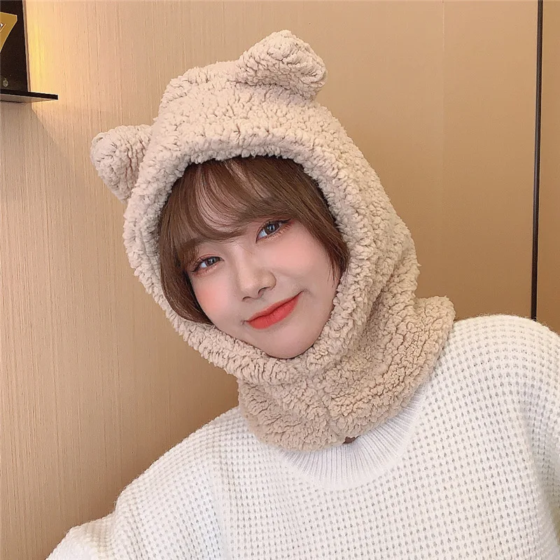 Шапка шарф с мультяшными медвежьими ушками женский зимний пушистый мягкий