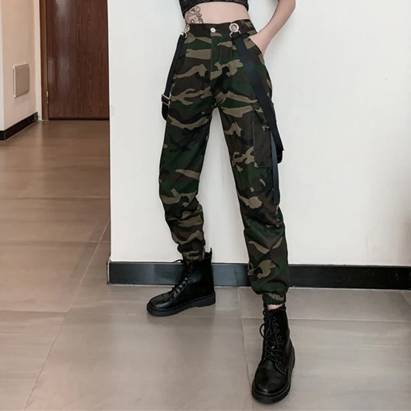 

Women Suspenders Military Camouflage Pants Ladies Army High Waist Sweatpants Loose Camo Pants Trousers Hip Pop Street Joggers