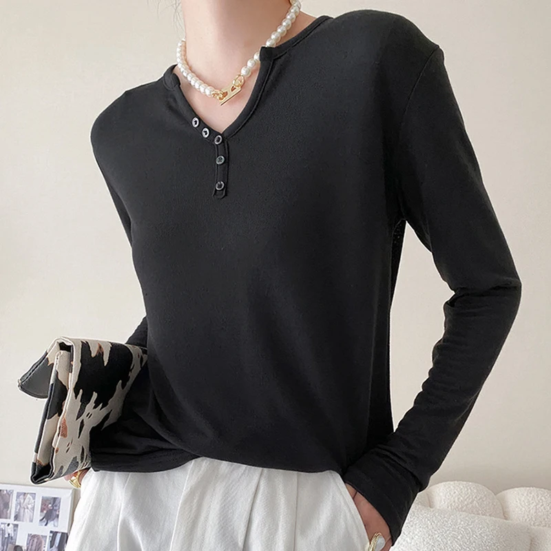 

TWOTWINSTYLE Casual T Shirts For Female V Neck Long Sleeve High Waist Loose Solid Color Women's Casual T Shirt Fashion New