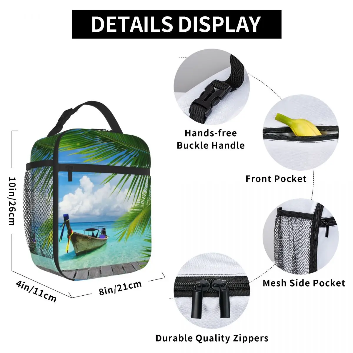 

Tropical Boat Lunch Bag for Women Men Large Insulated Lunch Box with Water Bottle Holder and Pockets
