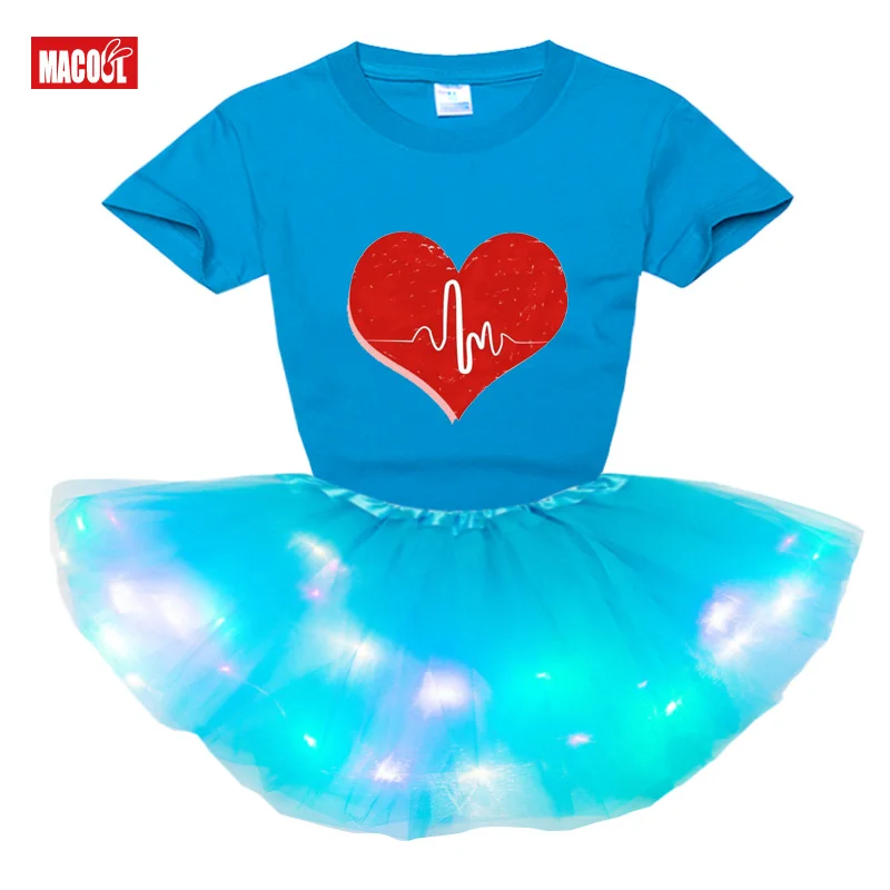 2020 New Summer Autumn Kids Girls Short Sleeve T-shirt + Luminous Dress 2pcs Clothing Sets Baby Girl Clothes Suit Christmas Gift