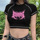 УКОРОЧЕННЫЙ ТОП E-girl с надписью и вышивкой, черные готические футболки Y2K в стиле Харадзюку, летние женские футболки с круглым вырезом и коротким рукавом, kawaii