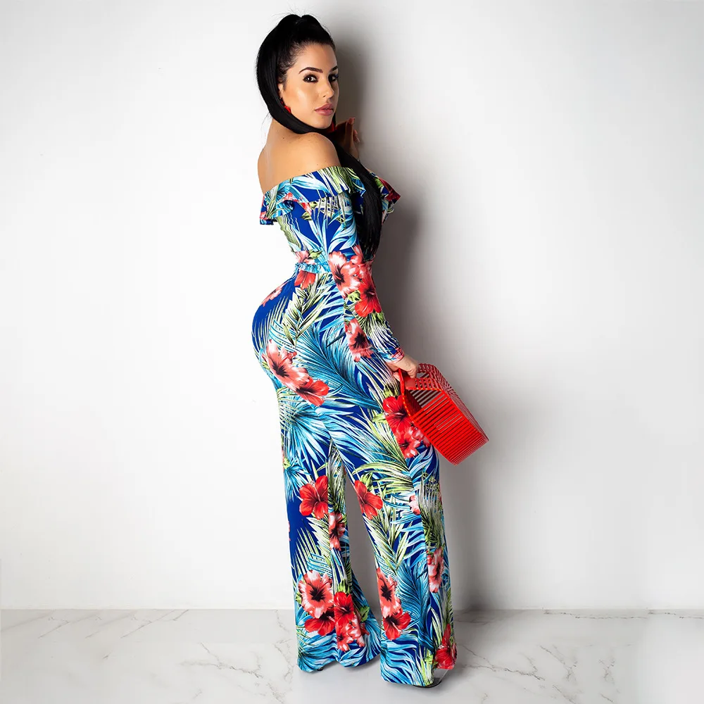 Women Flora Printed Long Sleeve Off Shoulder Bodycon Wide Leg Jumpsuit Wrap Belt Slim Fit Street Wear Fashion New Trend | Женская одежда
