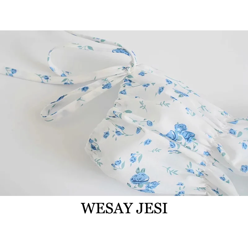 

WESAY JESI Women's Clothing 2021 Za Casual Dresses Prairie Chic Printed Dress Elastic Back Square Collar Vintage Mid-Calf Dress
