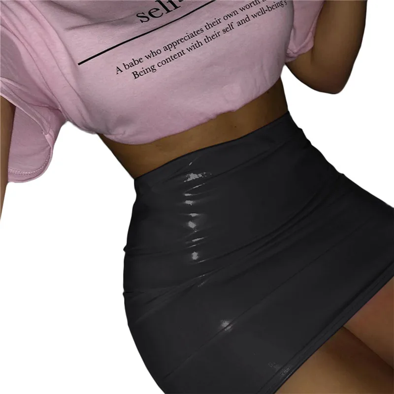 Женская короткая юбка из ПУ кожи однотонная облегающая с высокой талией в