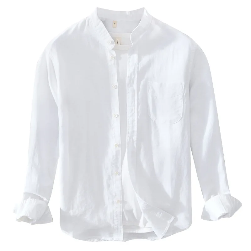 

2021 New Men's Casual Solid Color Loose Cardigan Long Sleeve Shirt Teenagers Stand Collar Cotton and Linen Shirt